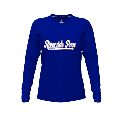 [CUS-DFW-TEES-CMF-VNK-LSL-RYL-FYXS-LOGO1] Decker Comfort T-Shirt (Female Youth XS, Royal, V Neck, Logo 1, Long Sleeve)