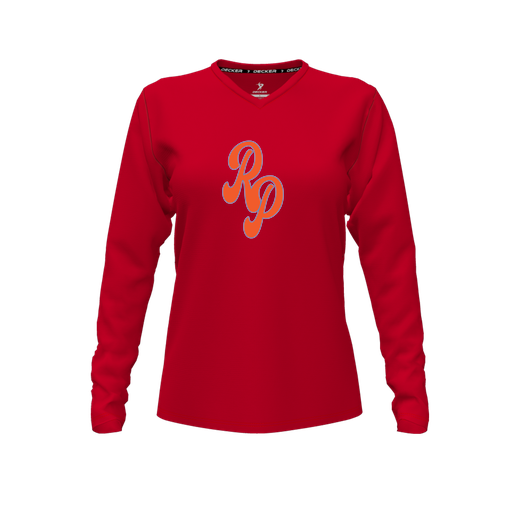 [FTLVCFRD-FYXS-LOGO2] Decker Comfort T-Shirt (Female Youth XS, Red, V Neck, Logo 2, Long Sleeve)
